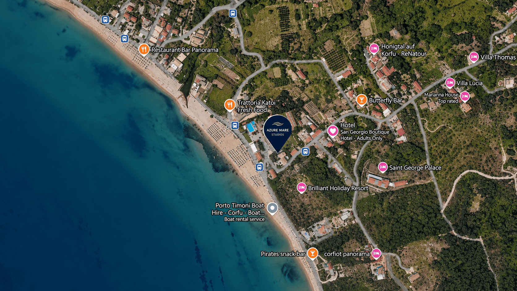 Aerial map showing Azure Mare Studios location in Agios Georgios Pagon, Corfu