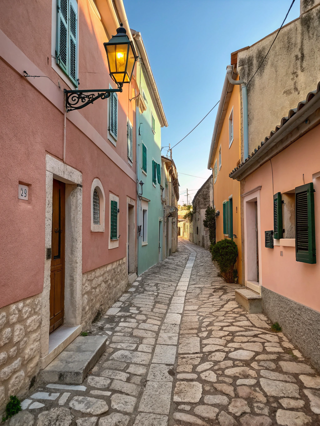 Picturesque stone alleyway in authentic Corfu village with blooming flowers