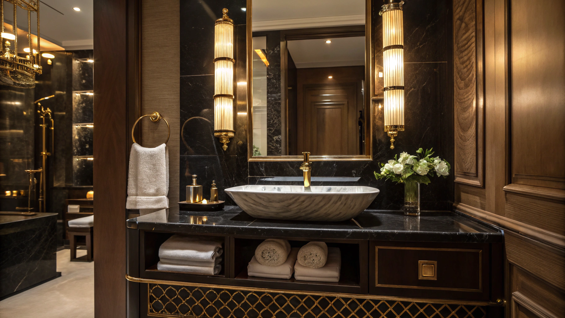 Modern luxury bathroom with circular illuminated mirror and carved stone washbasin