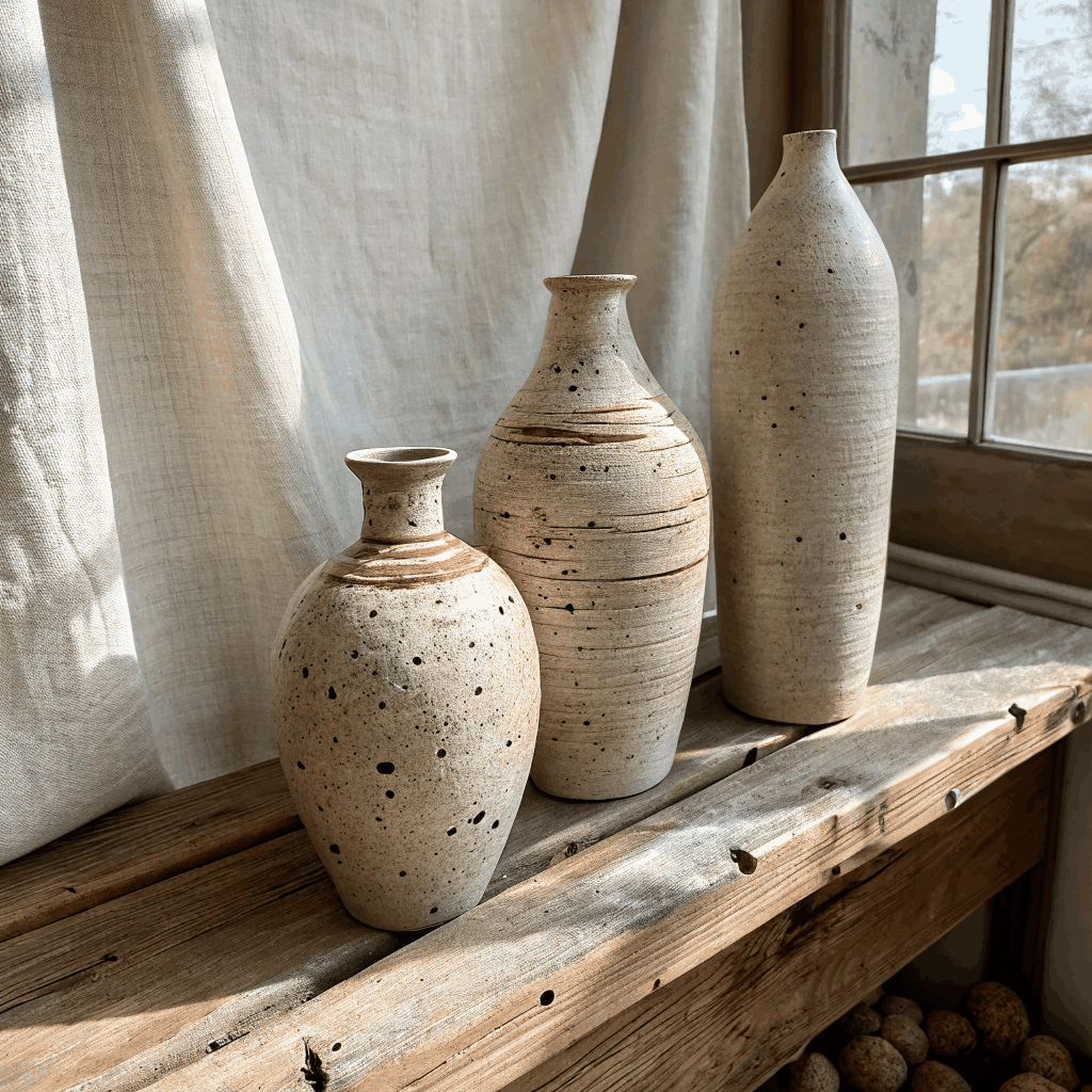 Artisan earthenware vases with green olive branches in sunlight