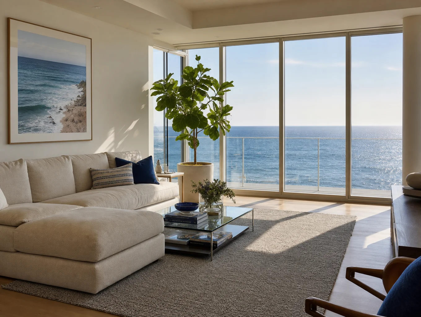 Warm living space with woven wall art, beige sofa and ambient light
