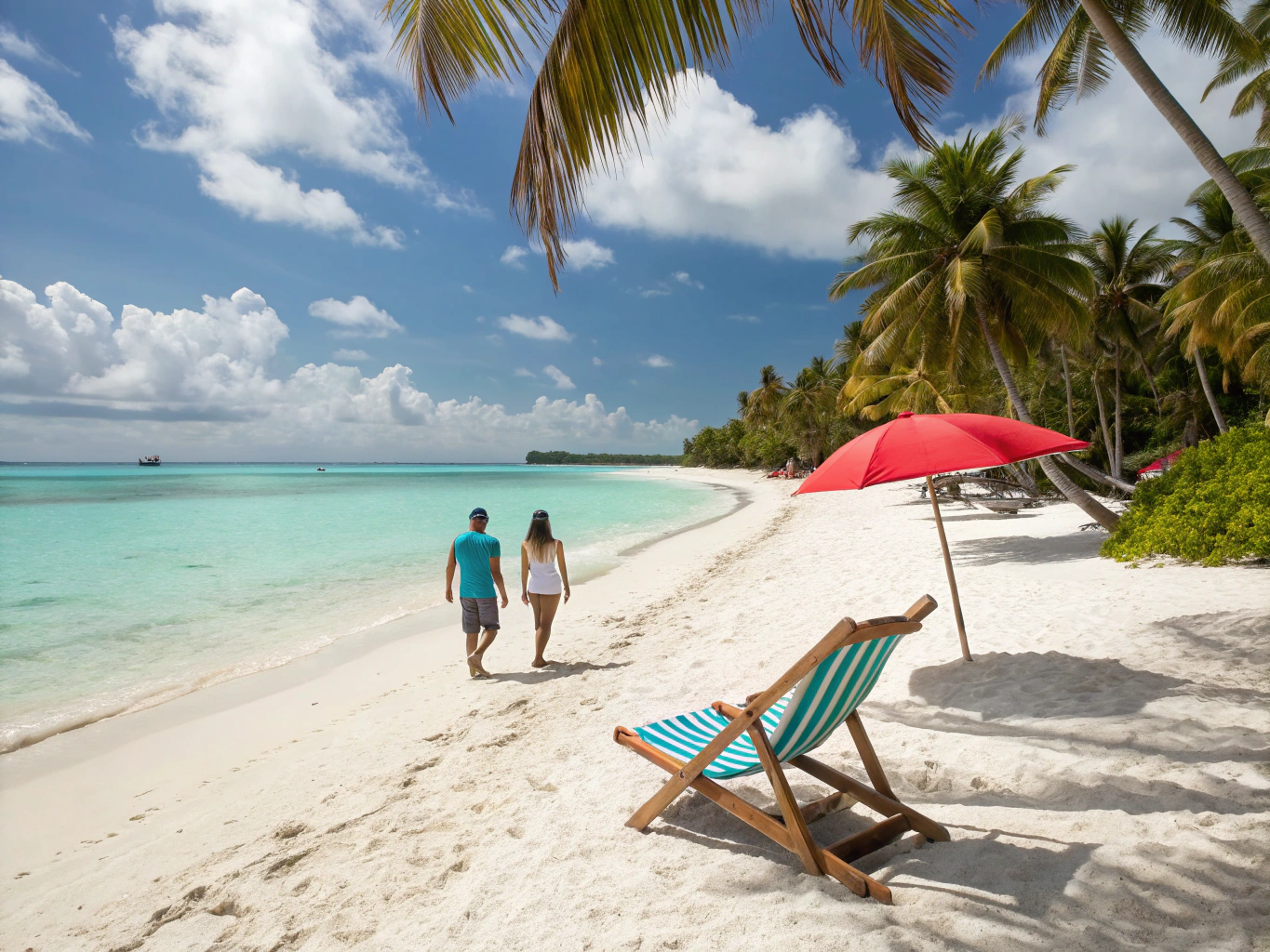 Straw beach umbrella and wooden sunbeds facing calm sea horizon