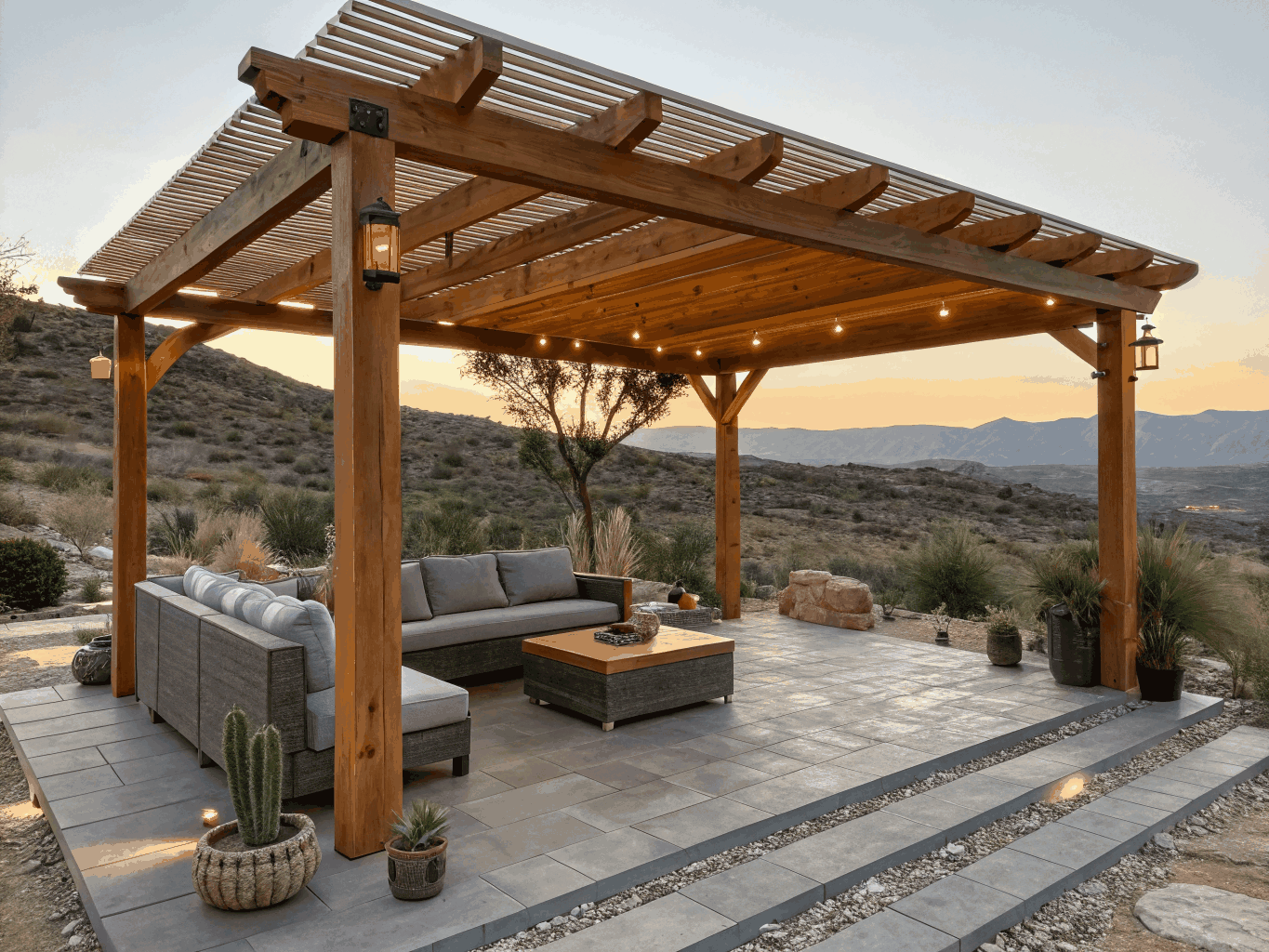 Shaded wooden pergola terrace overlooking coastal waters