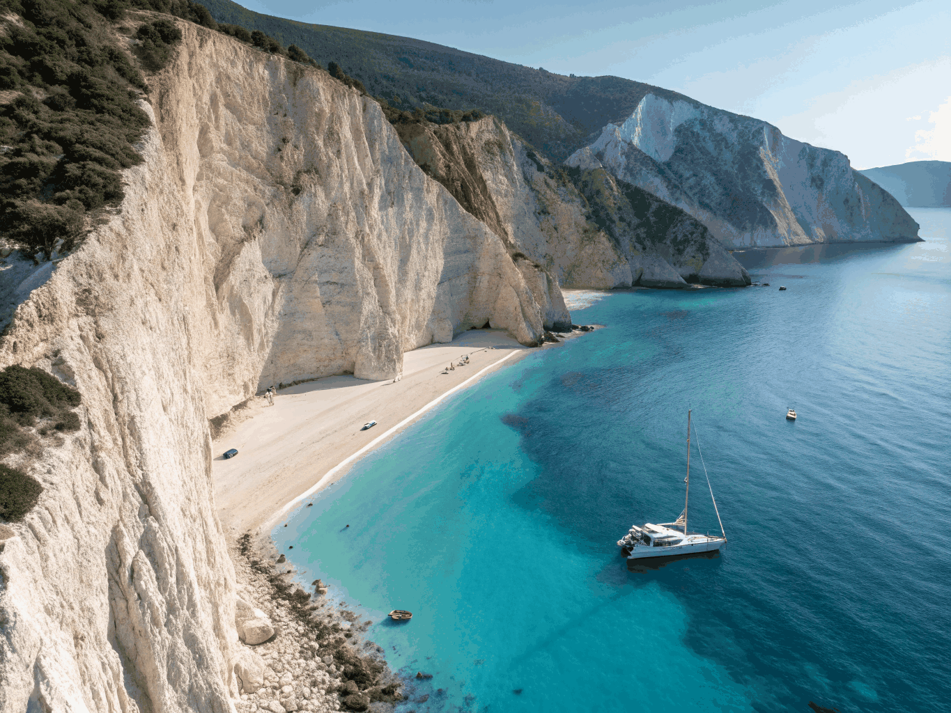 Aerial view of turquoise waters and lush headland in Corfu