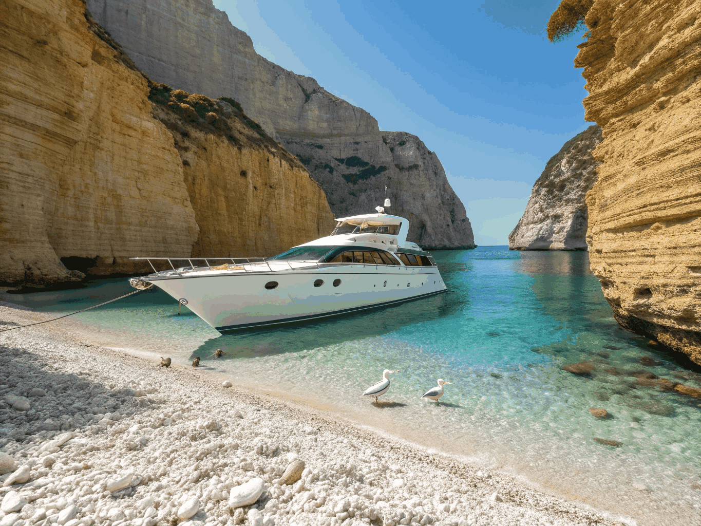 Sailboat cruising through clear turquoise bay framed by coastal flora