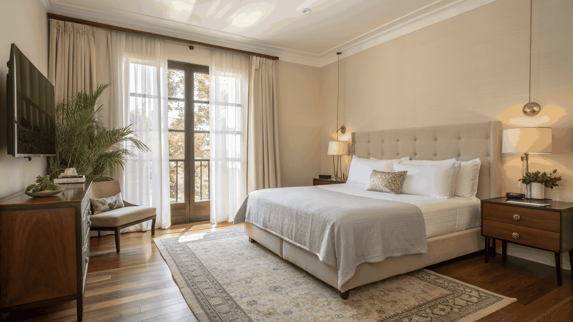 Minimalist luxury studio bedroom with neutral linen and dining nook