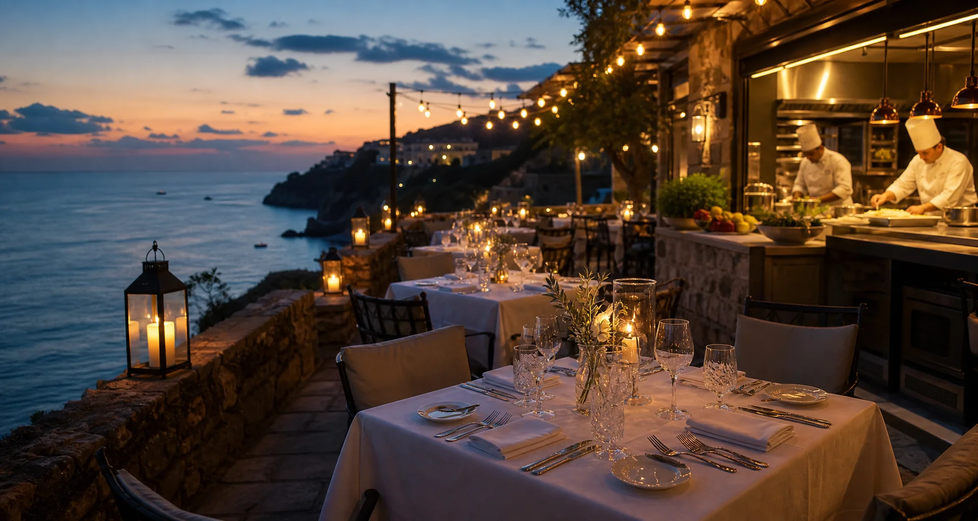 Sunset terrace with wooden dining table and panoramic ocean view