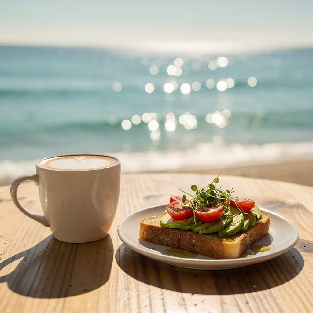 Instagram photo of seaside wooden breakfast table