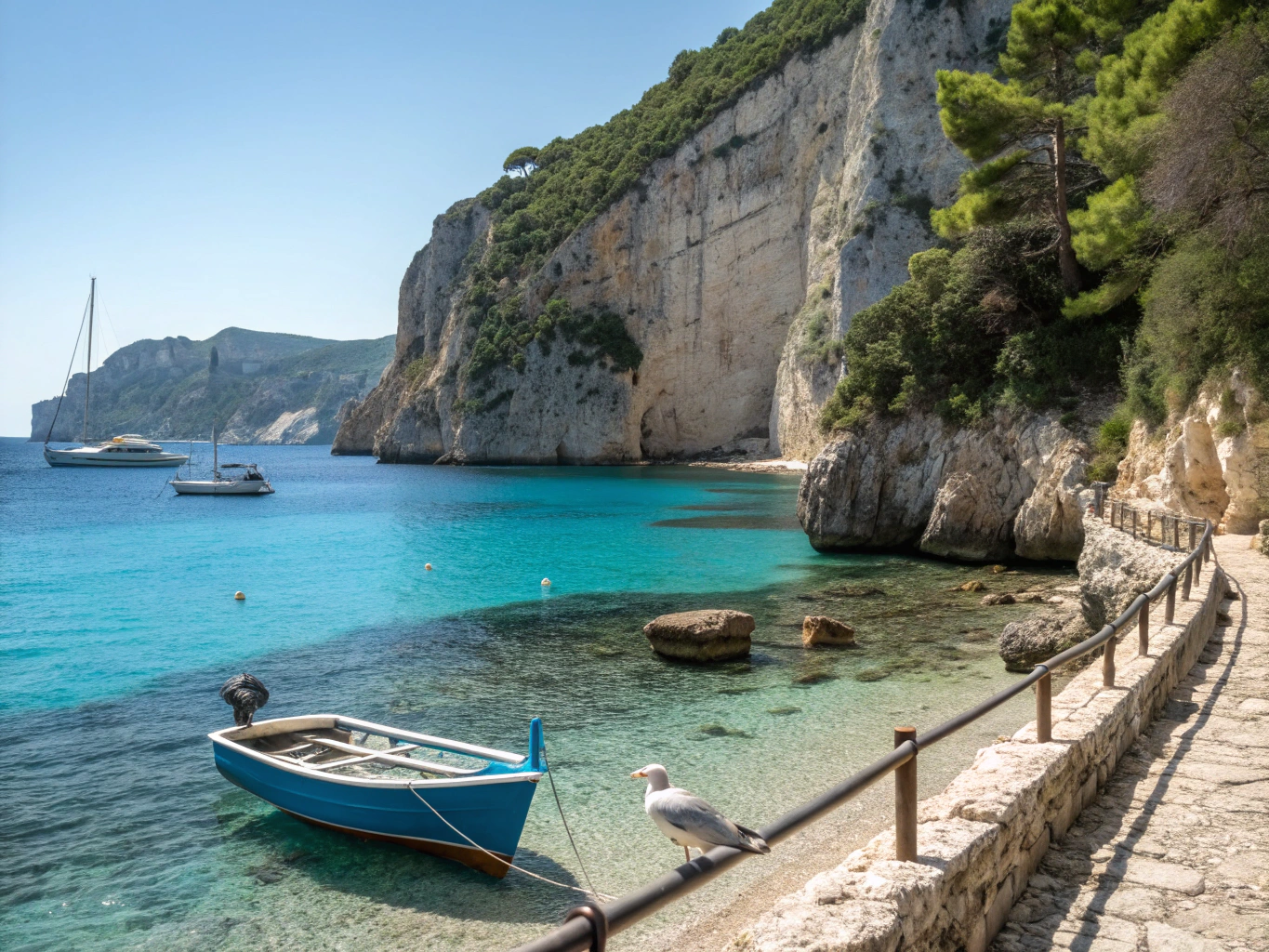 Panoramic aerial view of the North Corfu coastline and turquoise Ionian waters